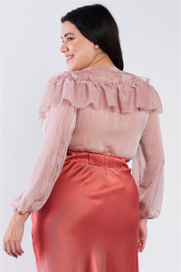 Dusty Pink Sheer V-Neck Frill Silk Full Bottom Snap Bodysuit